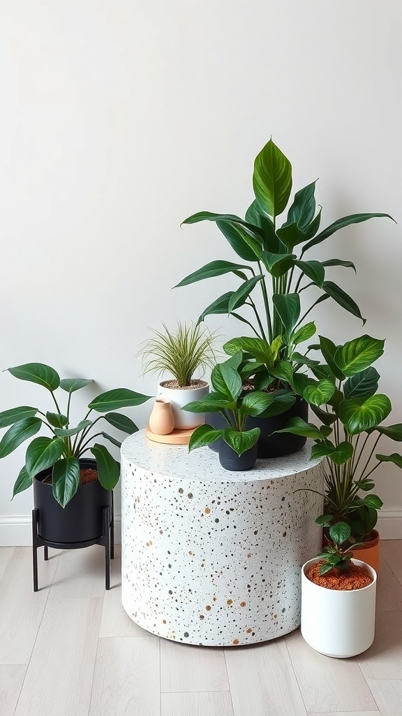 A terrazzo side table surrounded by various plants, showcasing a modern and inviting decor style.