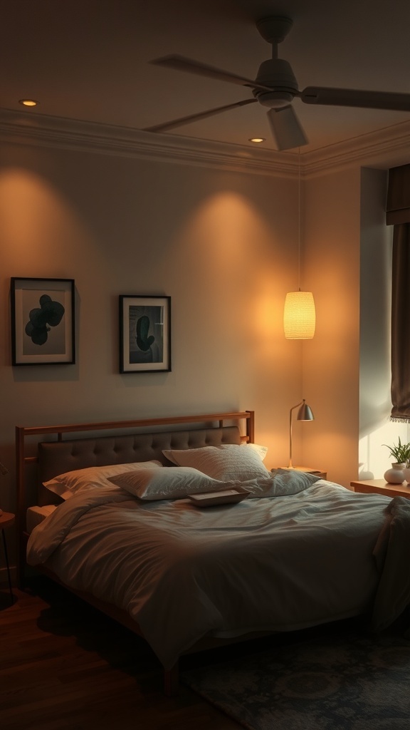 A cozy bedroom with warm pendant lighting and cool recessed lights.