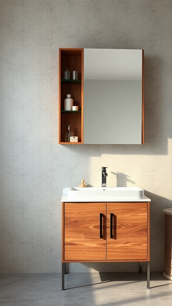 A modern bathroom cabinet made of mixed materials, featuring warm wood and sleek white surfaces.
