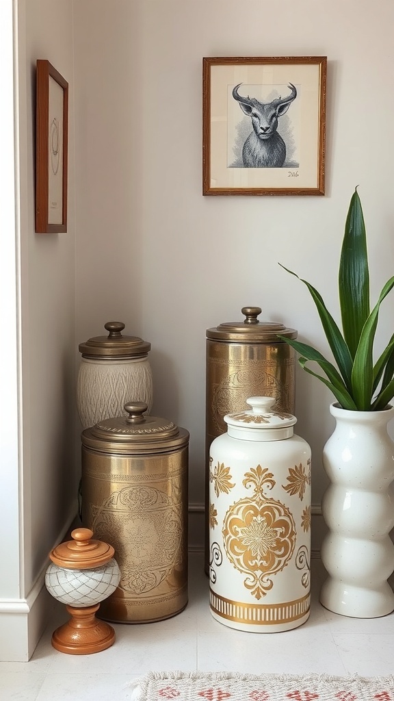 Decorative kitchen corner with canisters and a plant.