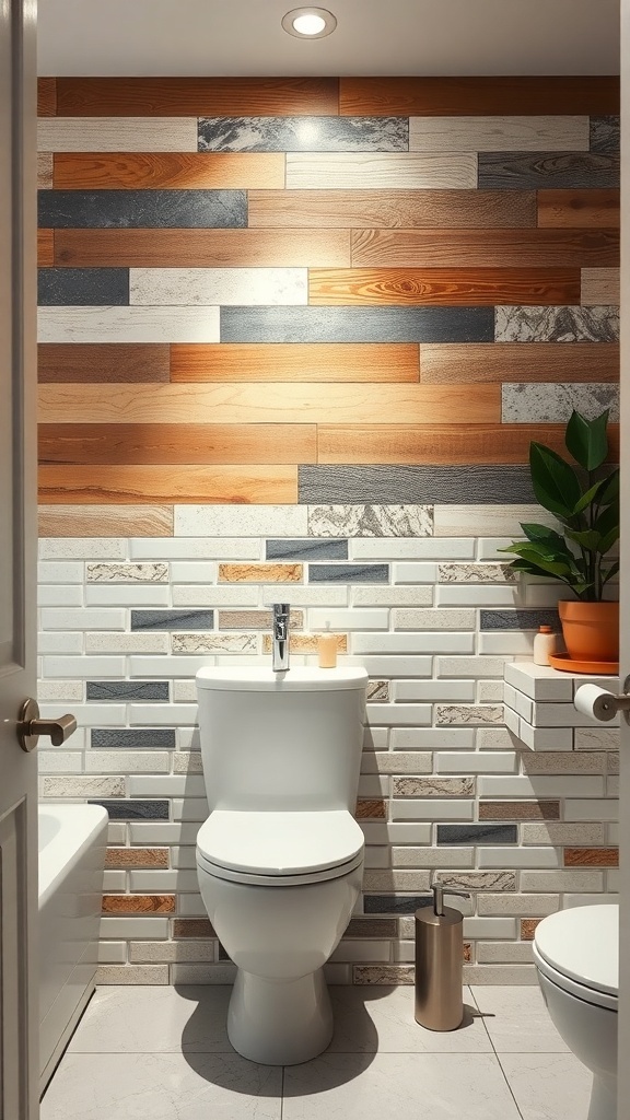 A bathroom featuring a mixed material accent wall with wood and tile.