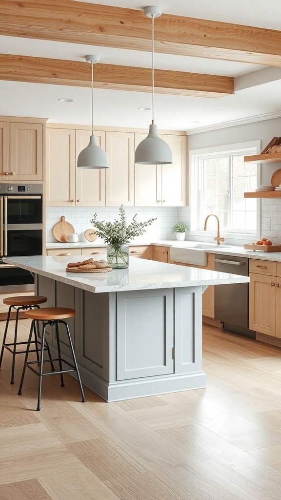 A modern kitchen featuring white oak cabinets and a gray island, showcasing mixed materials.