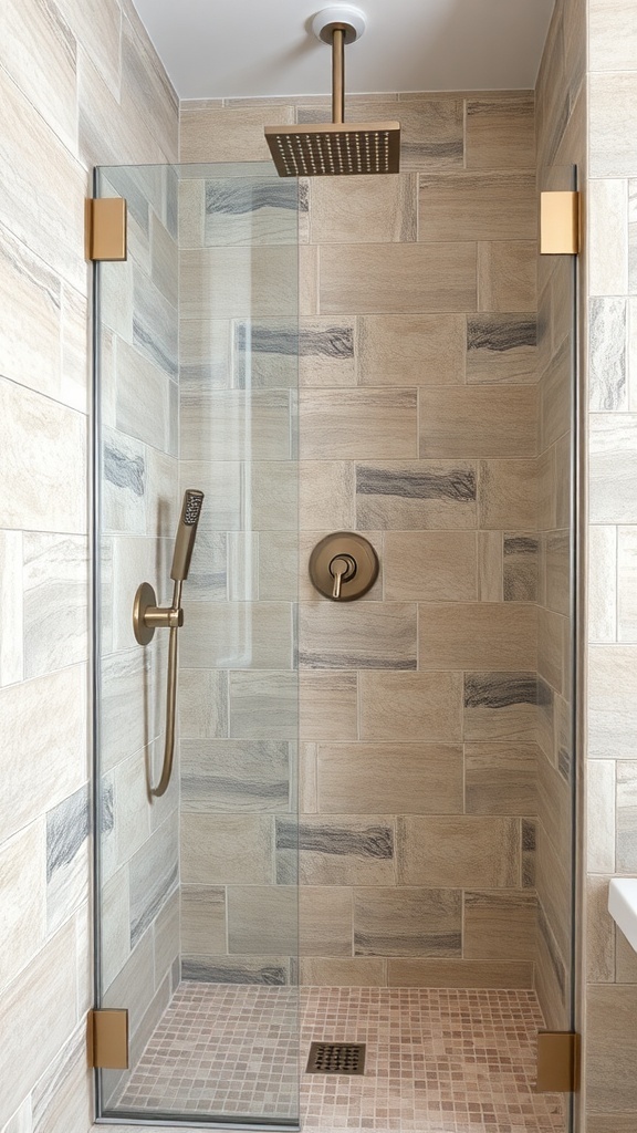 A modern shower design featuring mixed materials, including large-format tiles and a mosaic floor, with gold fixtures.