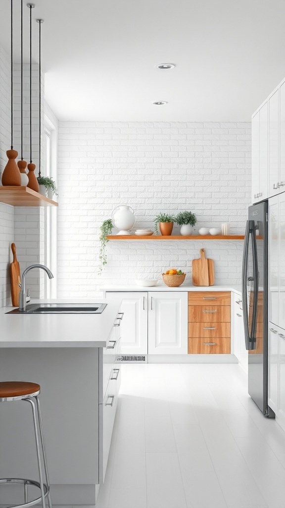 A bright white kitchen featuring a mix of materials, including white cabinetry, wooden accents, and a brick wall.