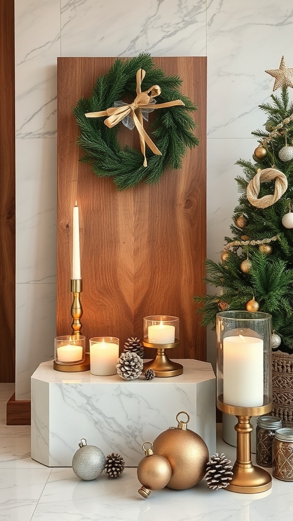 A modern Christmas decor setup featuring a wooden backdrop, marble base, candles, and mixed ornaments.