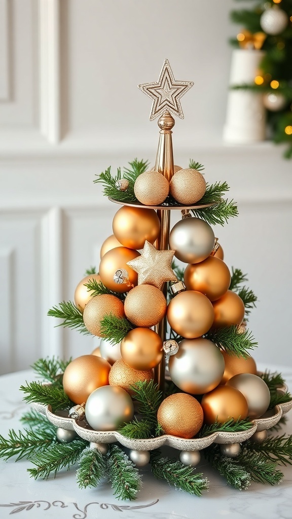A tiered tray decorated with gold and silver ornaments, featuring a star on top and greenery around the base.