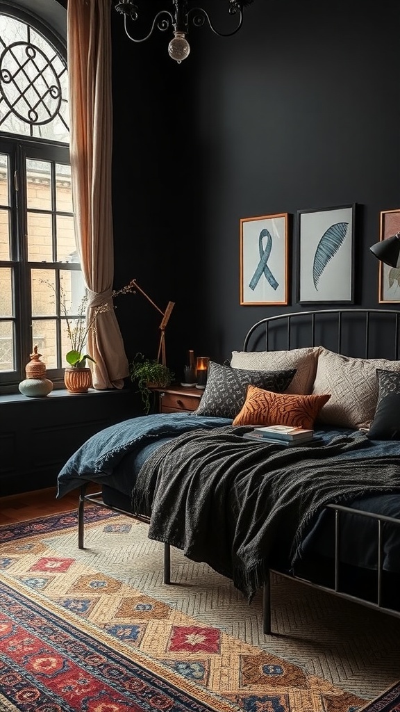 A dark boho bedroom featuring mixed metals and dark metallic accents.