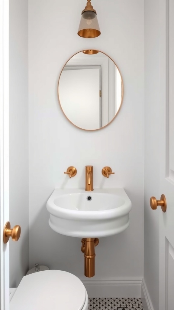 A small powder room featuring mixed metal elements, including a copper light fixture, round mirror, and copper plumbing.