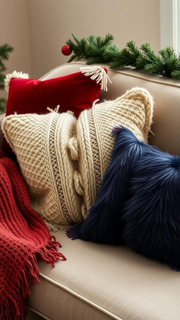 A cozy sofa with mixed texture throw pillows in red, beige, and navy, accompanied by a knitted blanket.