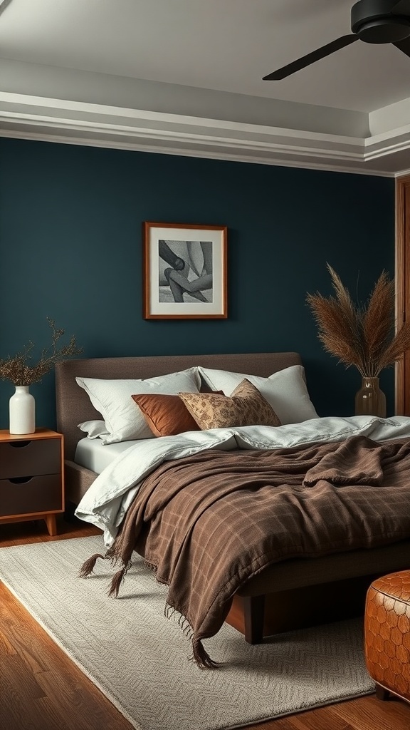 A cozy dark teal bedroom featuring a bed with mixed textures, including a brown plaid throw and patterned pillows, complemented by wooden and rattan decor.