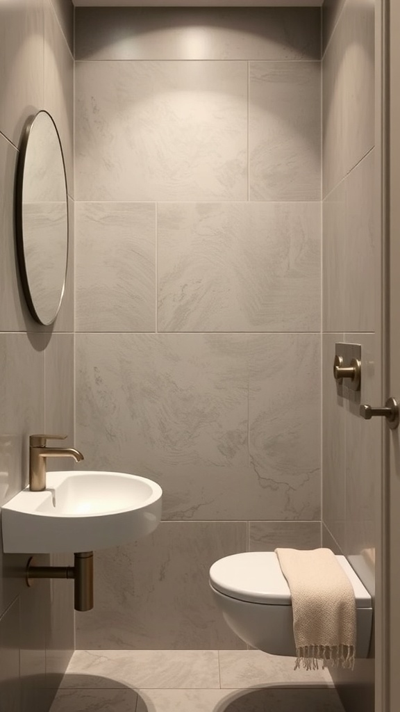 A small bathroom featuring a mix of textures with matte tiles, polished fixtures, and warm tones.