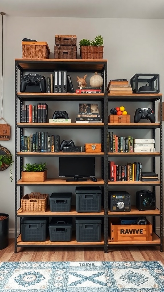Industrial style shelving unit with mixed wood and metal, displaying gaming consoles, books, and decorative items.