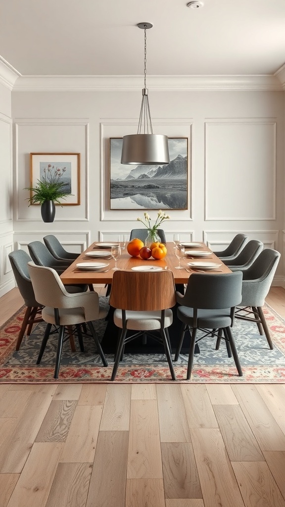 A stylish dining room featuring an extendable table surrounded by a mix of different chairs, showcasing a harmonious blend of colors and styles.