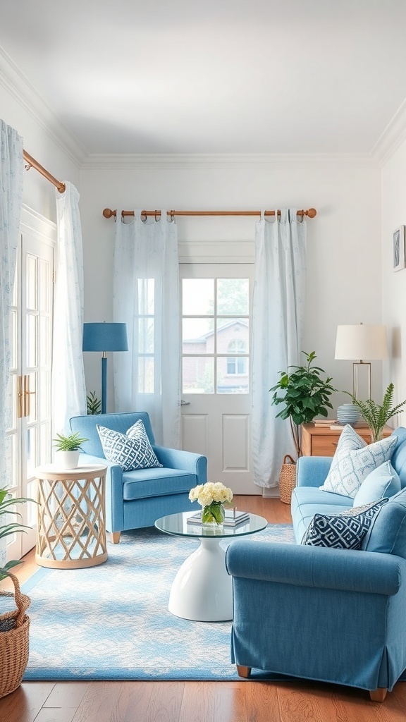 A front room featuring blue furniture, white curtains, and a light area rug, creating a fresh and inviting atmosphere.