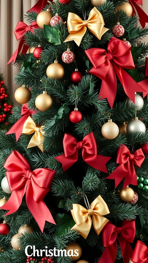 A beautifully decorated Christmas tree featuring a mix of red and gold bows, along with shiny ornaments.