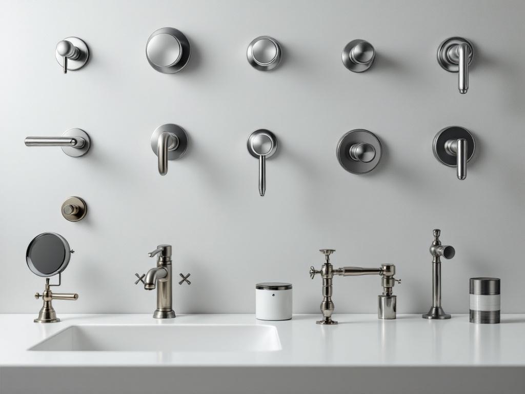 A display of various bathroom hardware styles including faucets and handles in different finishes.