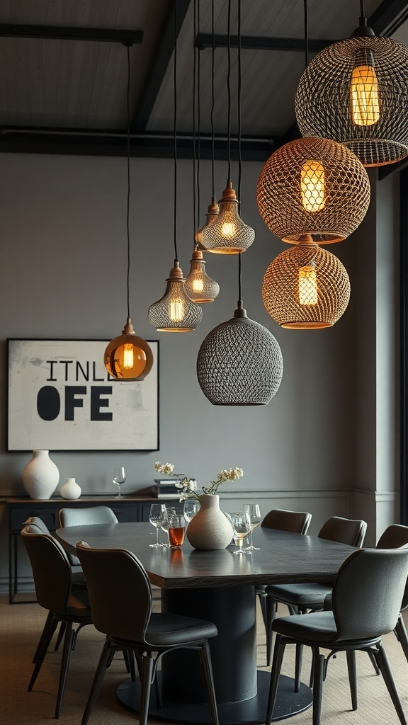 A modern dining room featuring a cluster of pendant lights with varied textures and metals, creating a stylish lighting design.