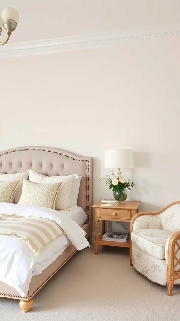 A cozy beige and white bedroom featuring a beige upholstered bed, white bedding, and patterned throw pillows.