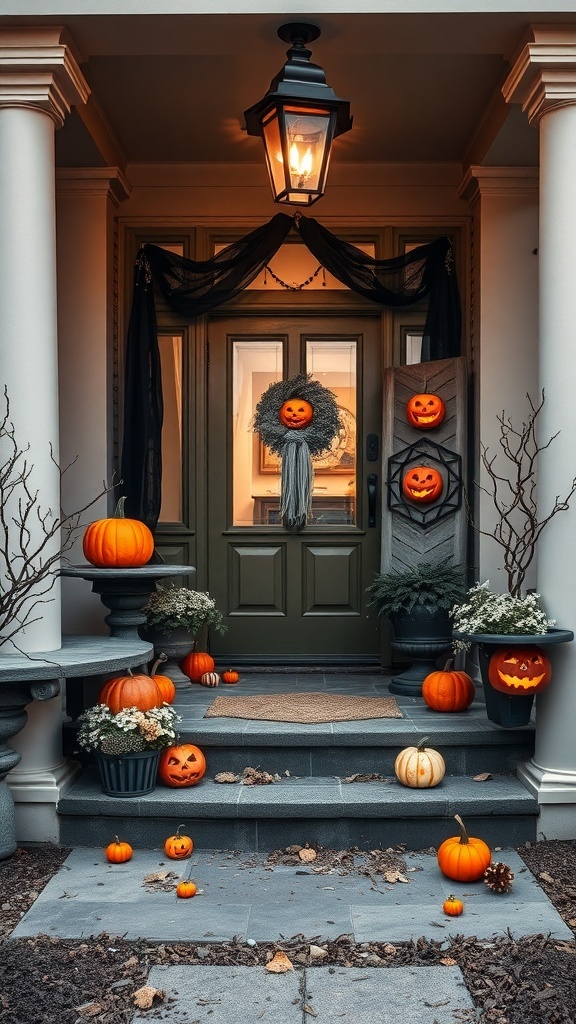 Halloween porch with carved pumpkins, lantern, and black drapery