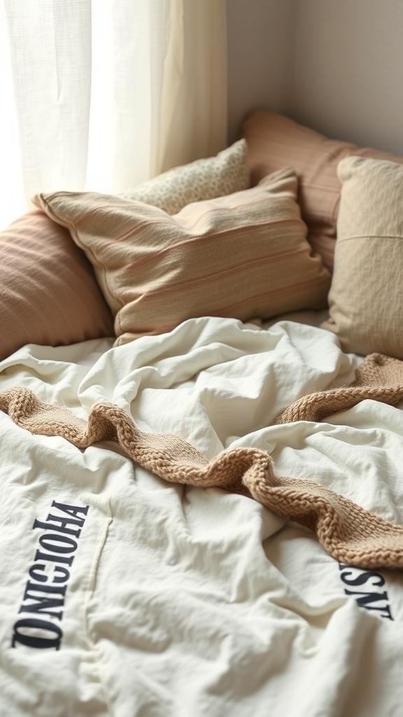 A cozy bed with layered pillows and a chunky knit blanket, showcasing a mix of textures for warmth.