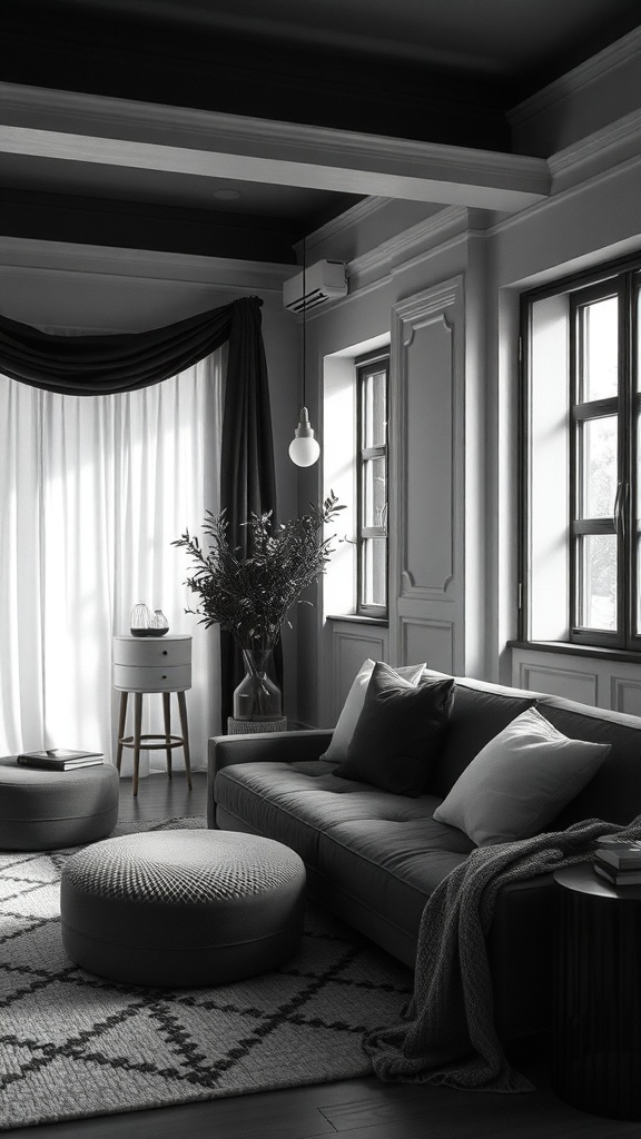 A stylish black and white living room featuring a cozy sofa, textured pillows, and a patterned rug.