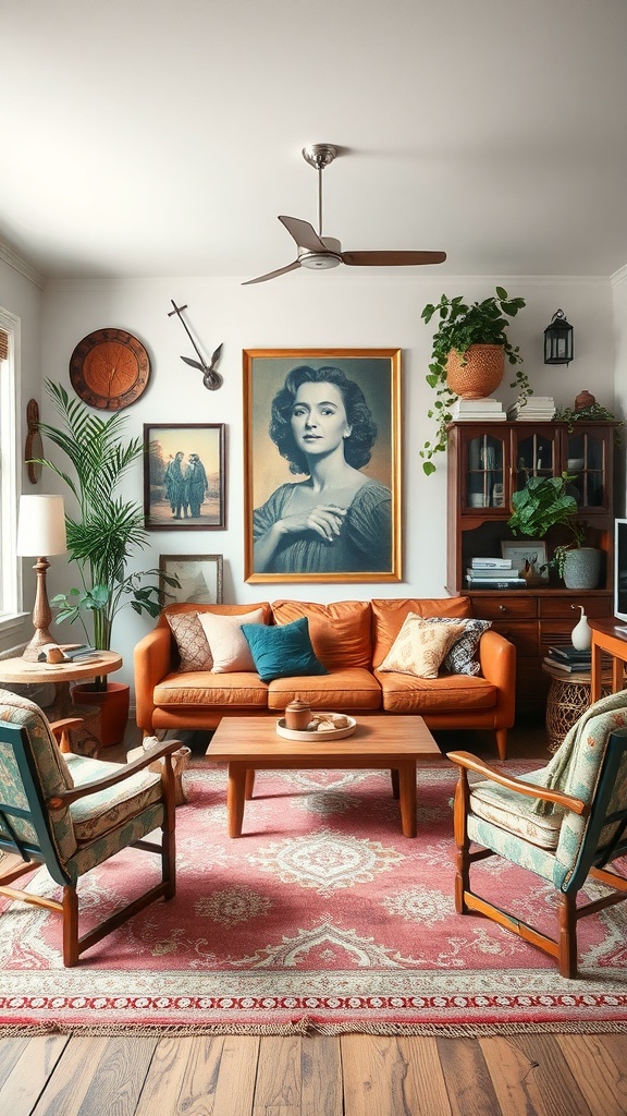 A cozy boho living room featuring a vintage portrait, modern furniture, and plants.