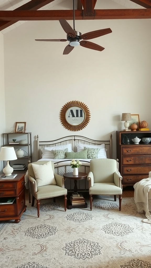 A cozy loft bedroom featuring a mix of vintage and modern furnishings, including green armchairs, a wooden dresser, and a stylish bed.