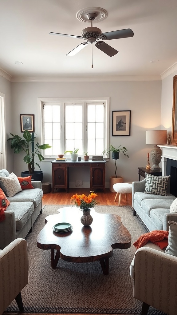 A cozy living room featuring a mix of vintage and modern furniture, with gray sofas, an organic-shaped coffee table, and vibrant accents.