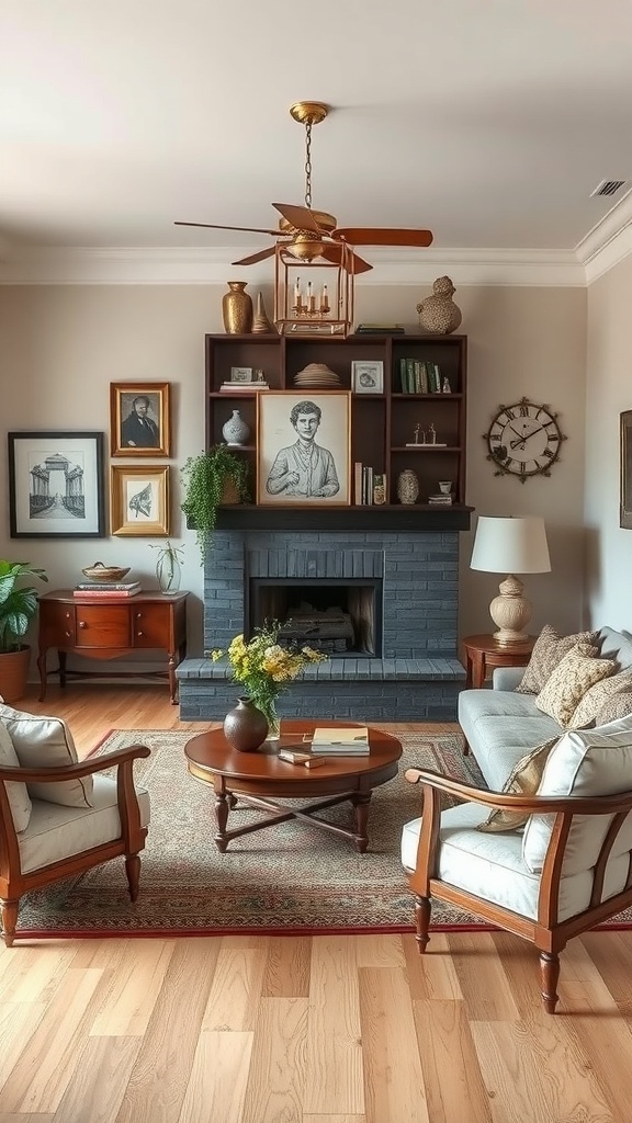 A cozy living room featuring a mix of vintage and modern decor elements, including wooden furniture, contemporary artwork, and a warm color palette.