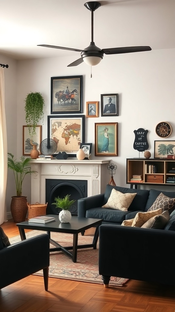 A stylish living room featuring black furniture, a gallery wall of vintage and modern art, and warm wooden floors.
