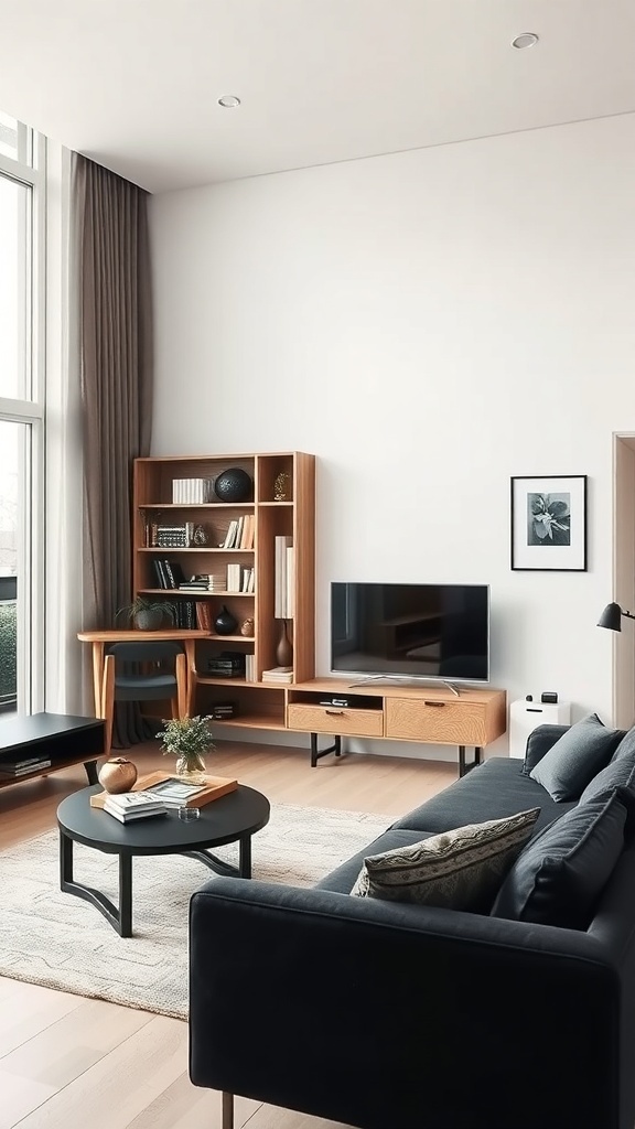 A modern living room featuring a black sofa, wooden shelving unit, and coffee table, showcasing a mix of wood tones with black furniture.