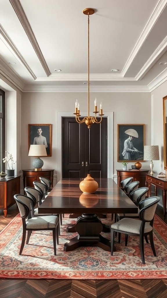 A modern classic dining room featuring a wooden table, elegant chairs, and stylish lighting.