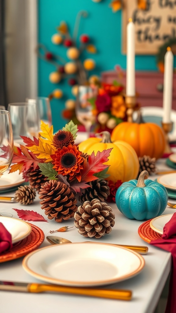 A Thanksgiving table decorated with a modern fall mix, featuring a turquoise pumpkin, autumn leaves, pinecones, and elegant tableware.