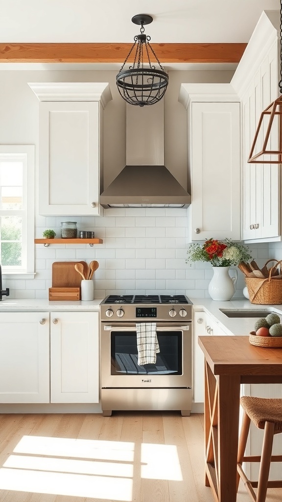 A modern farmhouse kitchen featuring white cabinets, a stainless steel stove, and wooden accents.