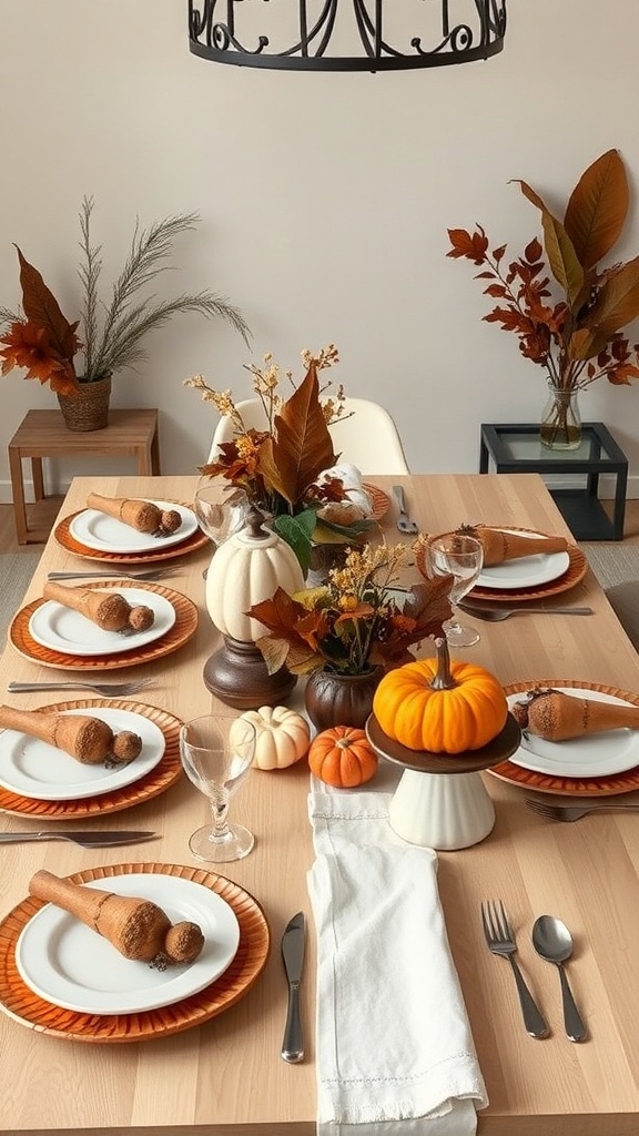 A beautifully set table for a Friendsgiving feast, featuring orange plates, white dinnerware, mini pumpkins, and fall leaves.