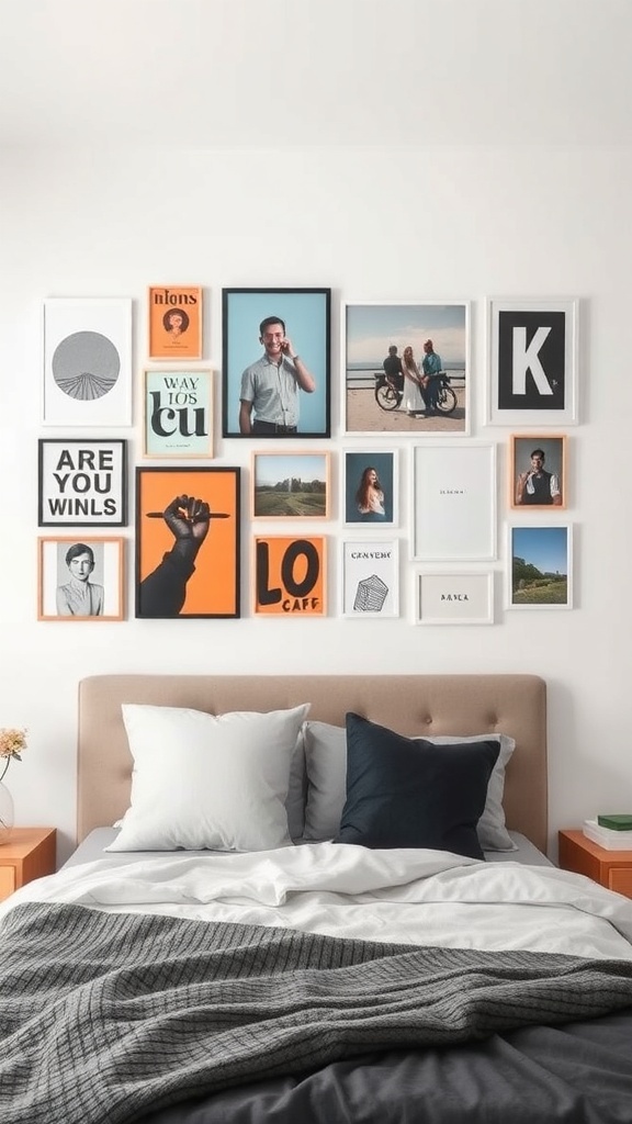 A modern gallery wall above a bed featuring various framed artworks and photographs.