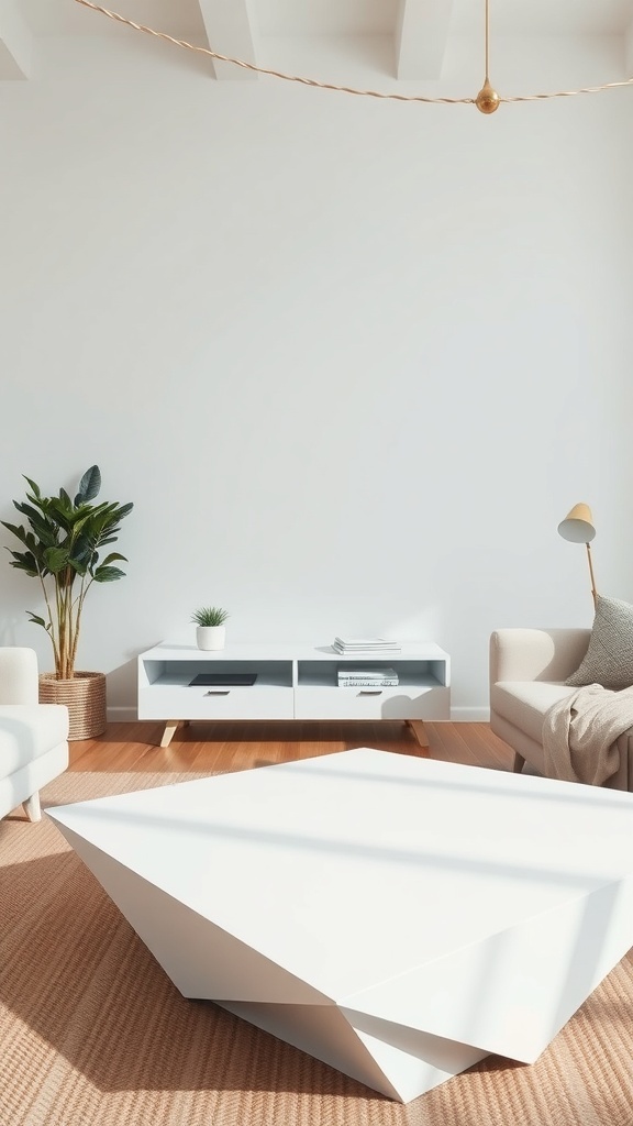A modern geometric white coffee table in a bright living room setting