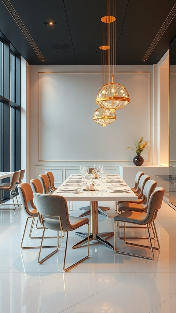 A modern dining room featuring a sleek table, elegant chairs, and stylish pendant lighting, showcasing a blend of metallics and minimalism.