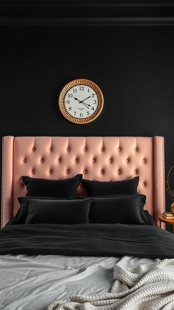 A modern bedroom featuring a blush pink velvet headboard against black walls, with black bedding and a gold-framed clock.