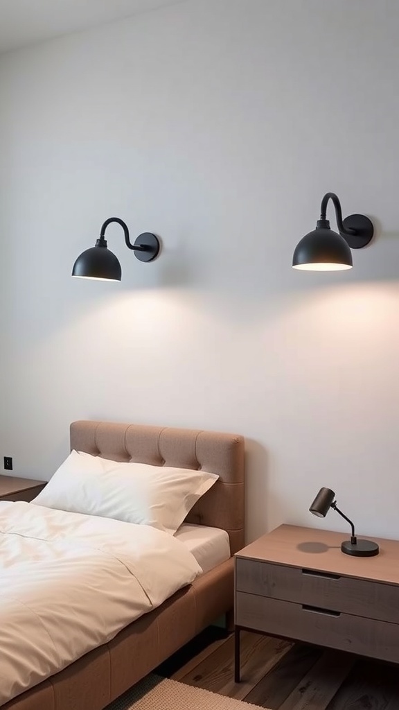 A modern grey bedroom featuring sleek wall sconces and a bedside lamp, creating a stylish and cozy atmosphere.