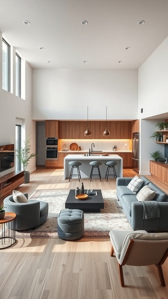 Modern I-shaped living room with open concept design, featuring a cozy seating area and a stylish kitchen.