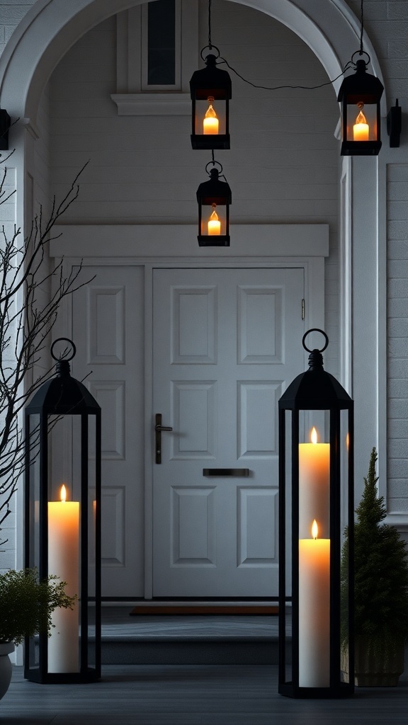 Modern lanterns with LED candles framing a front door