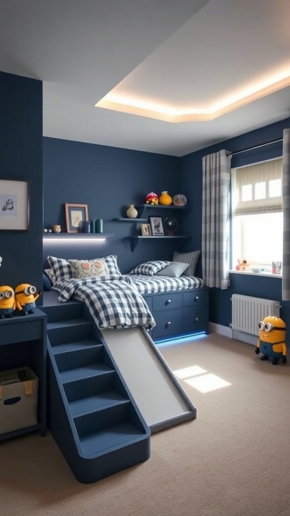A stylish kids' bedroom featuring navy blue walls, a built-in staircase with a slide, LED lighting, and playful decor.