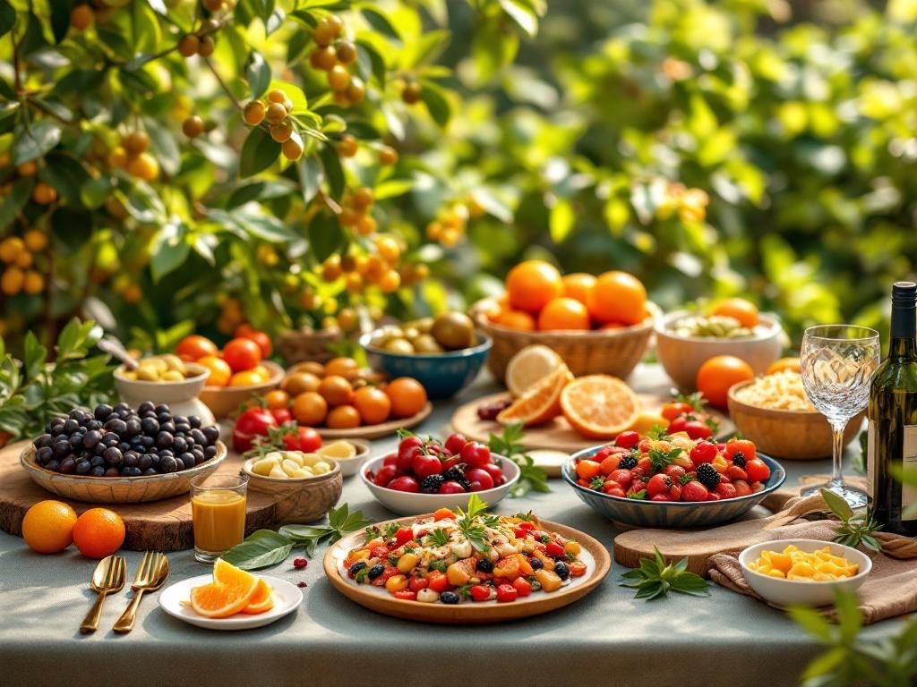 A vibrant Mediterranean dinner spread featuring fresh fruits, salads, and colorful dishes.