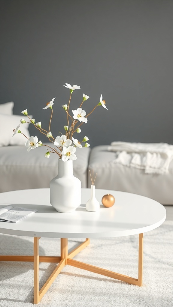 A modern minimalist coffee table with a white vase of flowers, a smaller white vase, and a gold ornament.