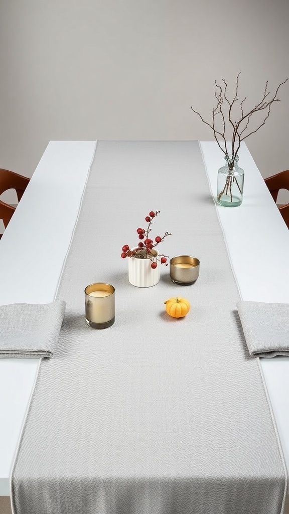 A minimalist fall table runner on a white table, featuring a gray fabric runner, a small pumpkin, candles, and decorative branches.