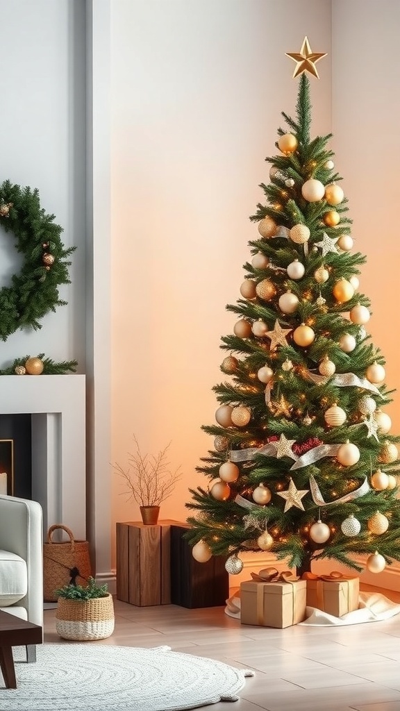 A modern minimalist Christmas tree decorated with gold ornaments and a star on top, surrounded by gifts and a cozy living space.