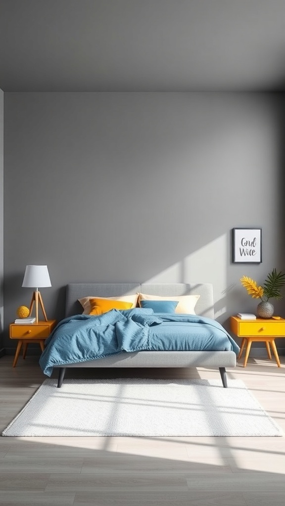 A modern minimalist bedroom featuring gray walls, a blue bedspread, yellow accent tables, and a white rug.