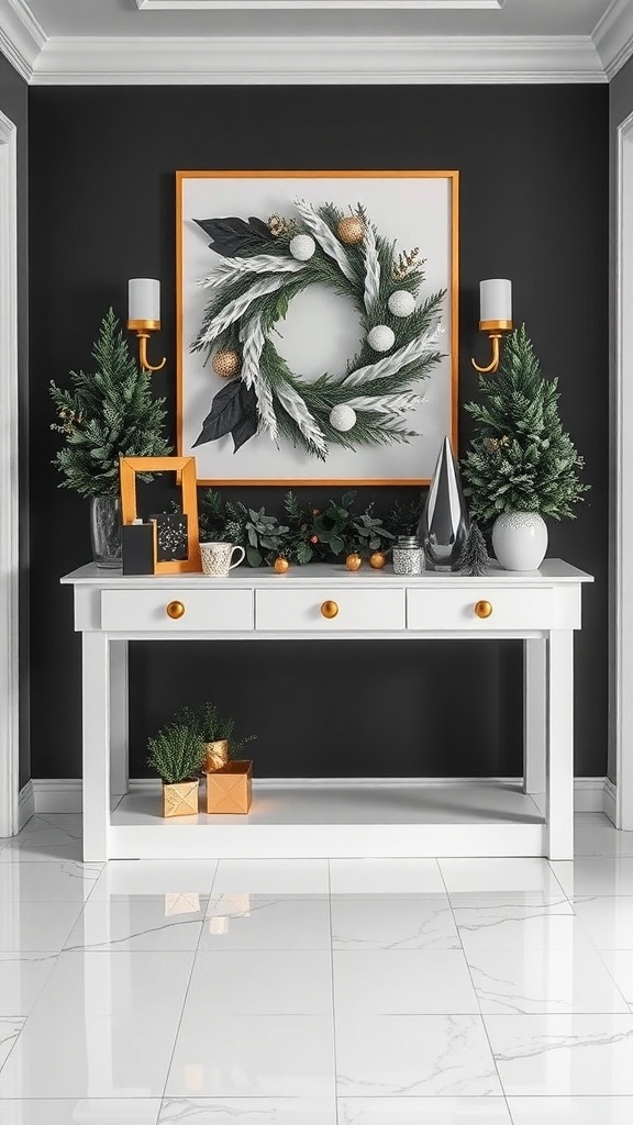 A modern monochrome entryway featuring a white table against a black wall, decorated with a wreath, greenery, and gold accents.