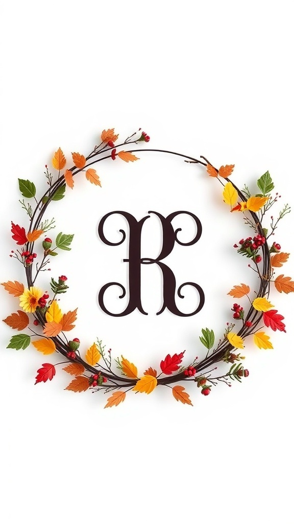 A modern monogrammed wreath with colorful autumn leaves and a central letter.